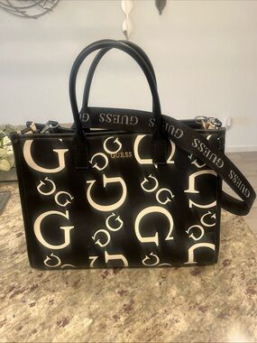 Guess Black Tote with White GG Monogram and Logo Strap